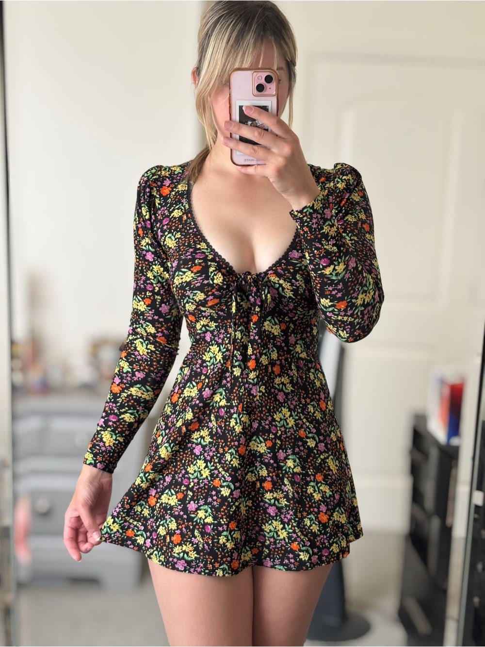 ASOS Black Long-Sleeve Floral Tie-Front Mini Dress